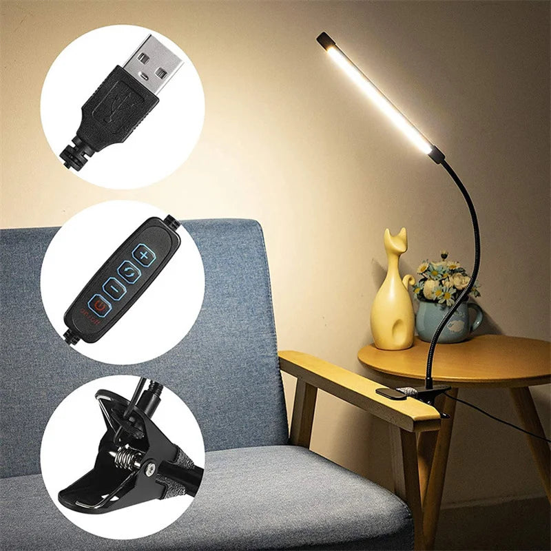 LED Clip-on Desk Lamp Eye Protection 360° Steering 3 Light Colours 10 Brightnesses Infinitely Dimmable 2M Cable Length 5W USB Po