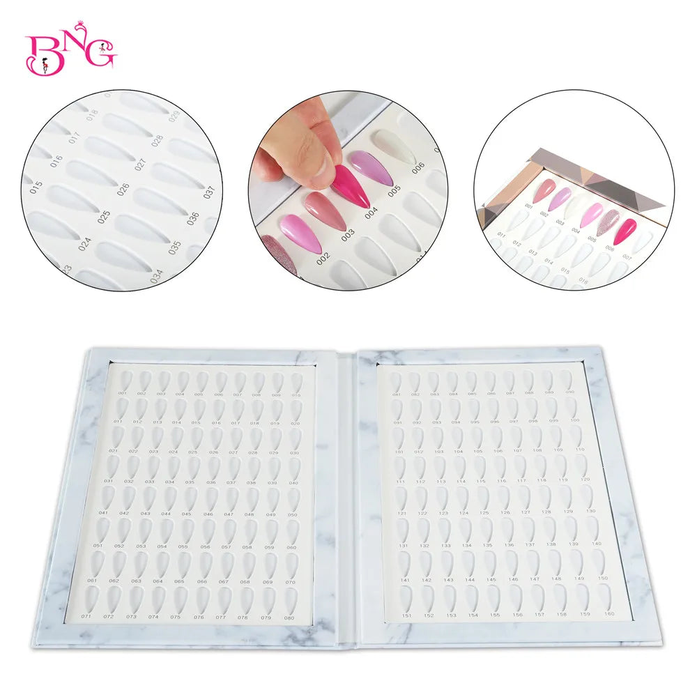 BNG Nail Art Display Book 160 Nail Colours Display Gel Nail Polish Colours Card with 240 Pieces False Nail Tips