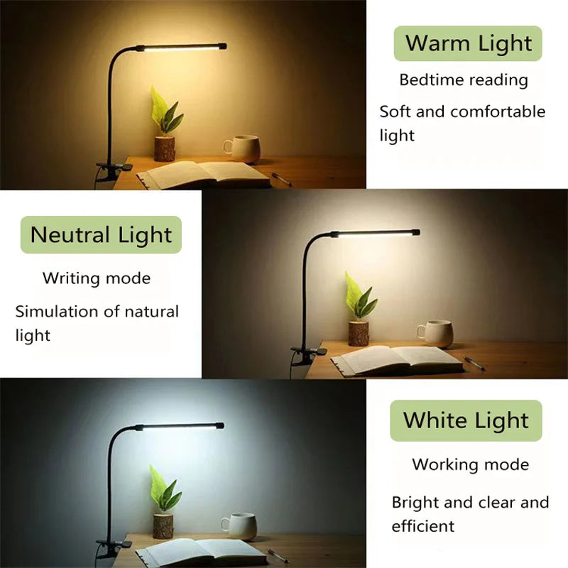 LED Clip-on Desk Lamp Eye Protection 360° Steering 3 Light Colours 10 Brightnesses Infinitely Dimmable 2M Cable Length 5W USB Po