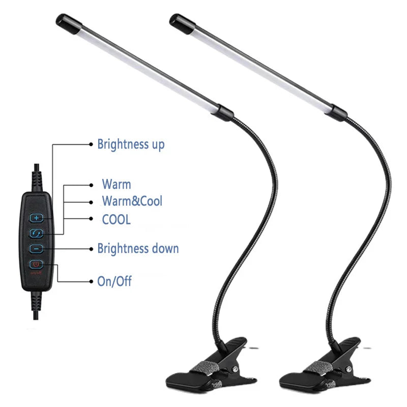 LED Clip-on Desk Lamp Eye Protection 360° Steering 3 Light Colours 10 Brightnesses Infinitely Dimmable 2M Cable Length 5W USB Po